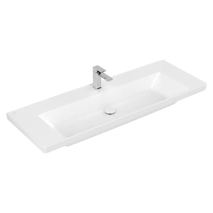 Villeroy & Boch Subway 3.0 Aufsatzwaschbecken - 130 x 47,5 cm, Mit schmutzabweisender Glasur, Ohne Überlauf, Stone White, Anzahl Hahnlöcher: 1 - Weißes, rechteckiges Keramikwaschbecken mit integrierter Chromarmatur.