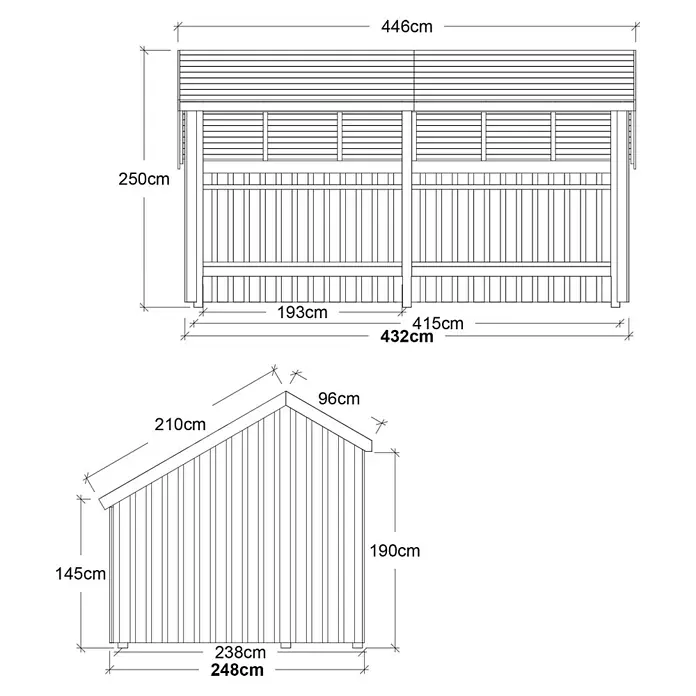 Plus Gartenhaus Multi - Außenmaß inkl. Dachüberstand (B x T): 446 x 266 cm, Holz, Natur, Offen inkl. Halboffen inkl. Dachpappe und Aluleisten - Architektonische Zeichnung eines Geräteschuppens, zeigt Vorder- und Seitenansichten mit Gesamtabmessungen: Höhe 250cm, Breite 446cm, Tiefe 248cm.