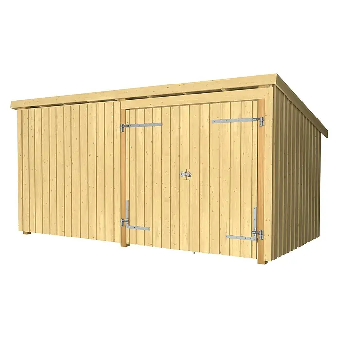 Plus Gartenhaus Multi - Außenmaß inkl. Dachüberstand (B x T): 446 x 240 cm, Holz, Natur, Geschlossen - Heller Holzgeräteschuppen mit Doppeltüren, Metallscharnieren und Pultdach.