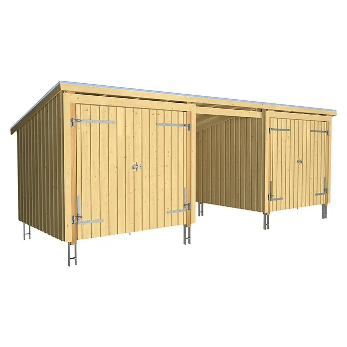 Plus Gartenhaus Nordic Multi (3 Module) - Außenmaß inkl. Dachüberstand (B x T): 650 x 240 cm, Holz, Halboffen inkl. H-Pfostenanker, Dachpappe und Aluleisten ( 2 Doppeltüren) - Zwei helle Holzschuppen mit Metallbeschlägen, auf Metallpfosten erhöht.