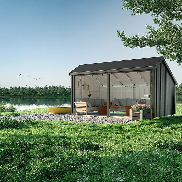 Plus Gartenhaus Multi - Außenmaß inkl. Dachüberstand (B x T): 446 x 266 cm, Holz, Natur, Offen inkl. Halboffen inkl. Dachpappe und Aluleisten - Moderner dunkelgrauer Gartenpavillon mit Glaswänden und weißer Inneneinrichtung, am Seeufer mit Sitzgelegenheiten.