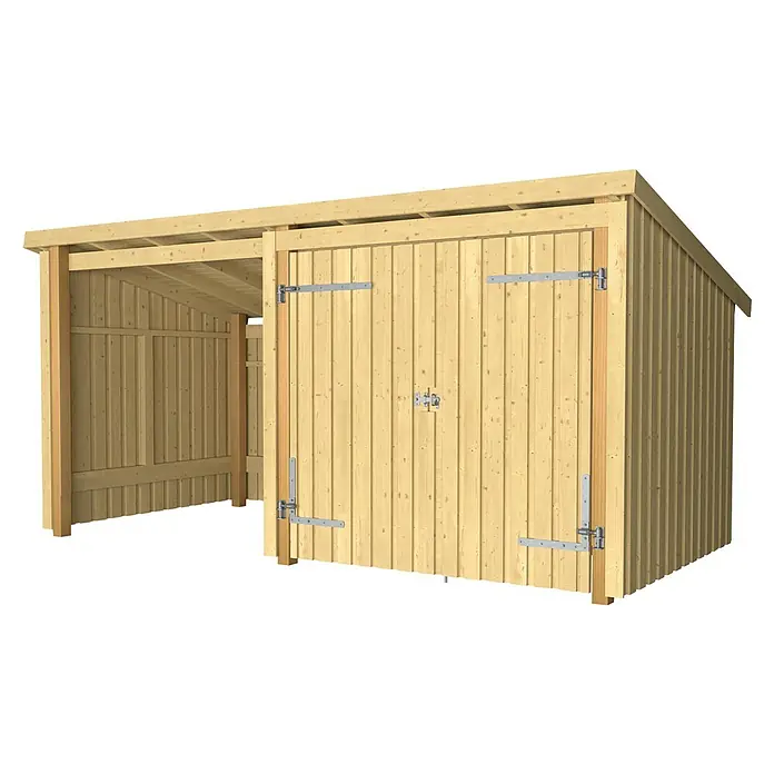 Plus Gartenhaus Multi - Außenmaß inkl. Dachüberstand (B x T): 446 x 240 cm, Holz, Natur, Halboffen - Heller Holzschuppen mit Doppeltüren und angebautem Unterstand.