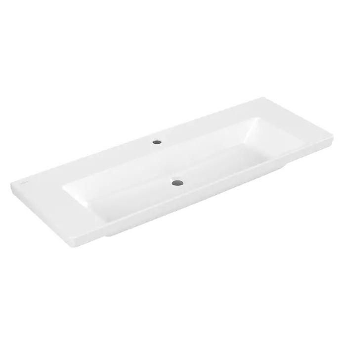 Villeroy & Boch Subway 3.0 Aufsatzwaschbecken - 130 x 47,5 cm, Mit schmutzabweisender Glasur, Ohne Überlauf, Stone White, Anzahl Hahnlöcher: 1 - Langes, weißes Doppelwaschbecken aus Keramik mit zwei Hahnlöchern und zwei Abläufen.