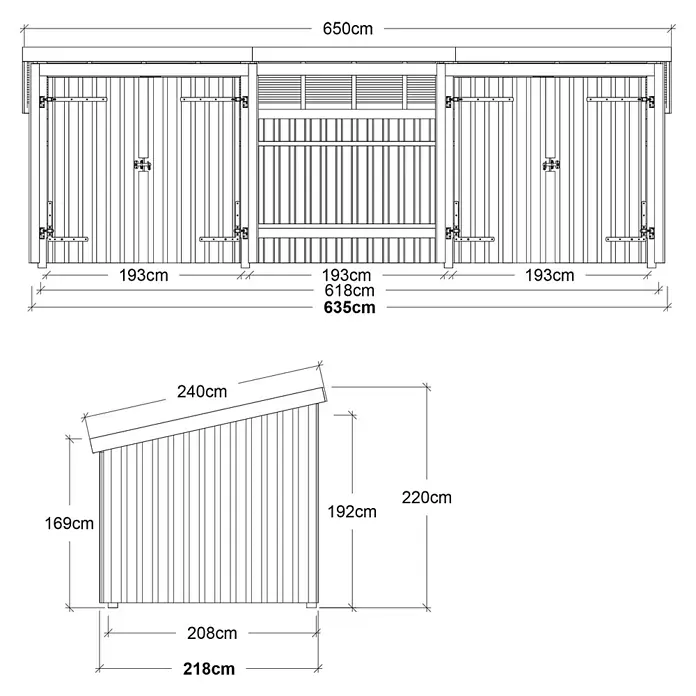 Plus Gartenhaus Nordic Multi (3 Module) - Außenmaß inkl. Dachüberstand (B x T): 650 x 240 cm, Holz, Halboffen ( 2 Doppeltüren) - Technische Zeichnung eines Holzgartenhauses mit zwei Türen und Pultdach, inklusive detaillierter Maße.