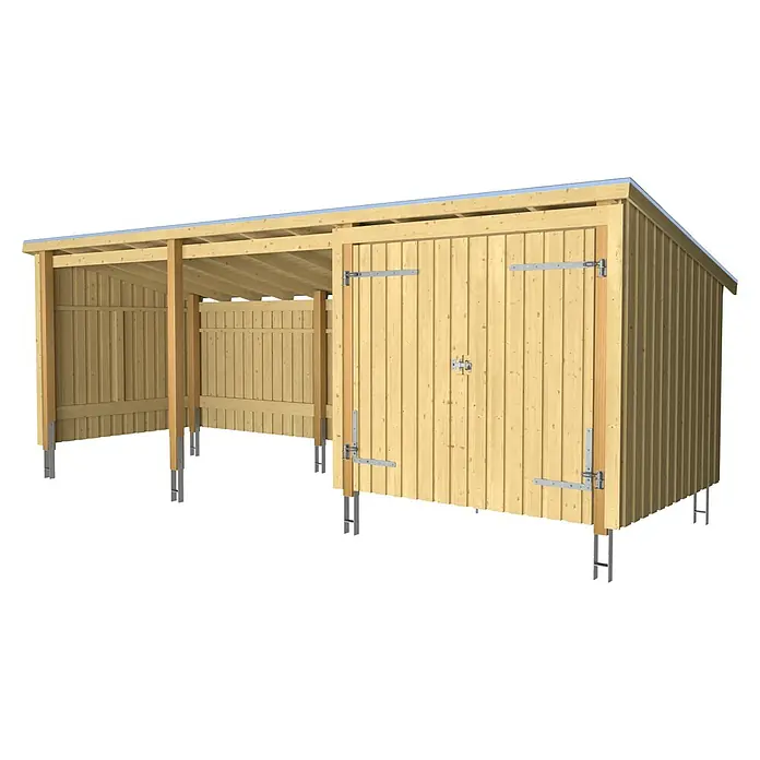 Plus Gartenhaus Nordic Multi (3 Module) - Außenmaß inkl. Dachüberstand (B x T): 650 x 240 cm, Holz, Halboffen inkl. H-Pfostenanker, Dachpappe und Aluleisten (2 offene Module) - Holzschuppen- und Carport-Kombination mit offenem Unterstandbereich und geschlossenem Lagerraum, auf Metallpfosten.