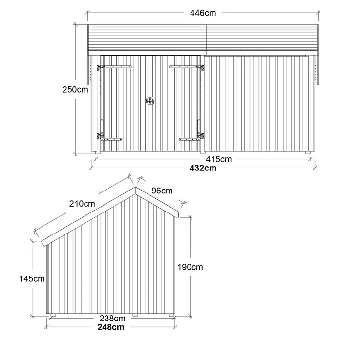 Plus Gartenhaus Multi - Außenmaß inkl. Dachüberstand (B x T): 446 x 266 cm, Holz, Natur, Geschlossen inkl. H-Pfostenanker, Dachpappe und Aluleisten - Architektonische Zeichnung eines Holzschuppens mit Vorder- und Seitenansicht sowie detaillierten Maßen in Zentimetern.