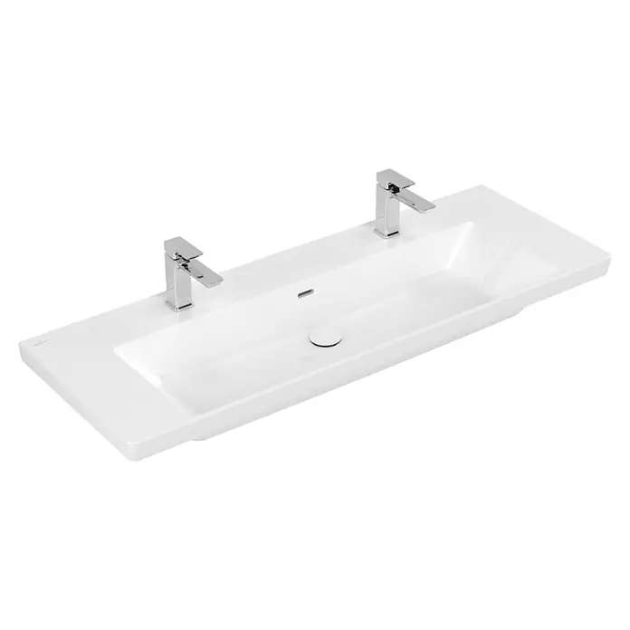 Villeroy & Boch Subway 3.0 Aufsatzwaschbecken - Mit schmutzabweisender Glasur, Mit Überlauf, Weiß Alpin, Anzahl Hahnlöcher: 2, Anzahl Waschschüsseln: 1 Stk. - Längliches weißes Keramik-Doppelwaschbecken mit zwei integrierten Chromarmaturen.