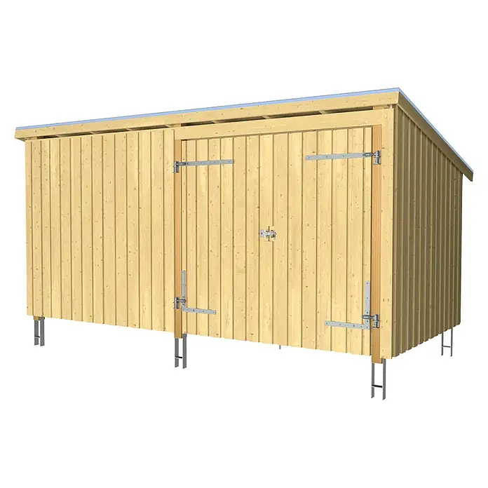 Plus Gartenhaus Multi - Außenmaß inkl. Dachüberstand (B x T): 446 x 240 cm, Holz, Natur, Geschlossen inkl. H-Pfostenanker, Dachpappe und Aluleisten - Heller Holzschuppen mit Doppeltüren und Metallscharnieren, auf verzinkten Pfosten erhöht.