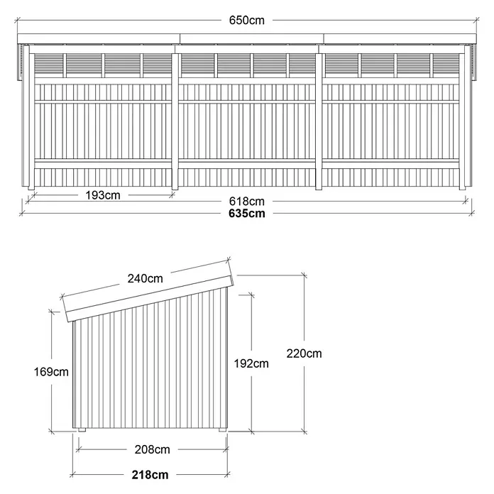 Plus Gartenhaus Nordic Multi (3 Module) - Außenmaß inkl. Dachüberstand (B x T): 650 x 240 cm, Holz, Offen - Technische Zeichnungen eines mehrteiligen Holz-Anlehnschuppens mit detaillierten Maßen für Vorder- und Seitenansicht.