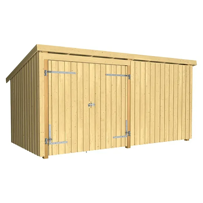 Plus Gartenhaus Multi - Außenmaß inkl. Dachüberstand (B x T): 446 x 240 cm, Holz, Natur, Geschlossen - Gartenschuppen aus hellem Holz mit Pultdach und zwei Türen, ausgestattet mit Metallscharnieren und einem Riegel.