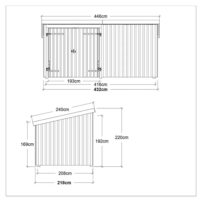 Plus Gartenhaus Multi - Außenmaß inkl. Dachüberstand (B x T): 446 x 240 cm, Holz, Natur, Geschlossen - Technische Zeichnungen eines Gartenhauses, Vorder- und Seitenansicht mit detaillierten Maßen wie 446cm Breite, 240cm Tiefe und variierenden Höhen.