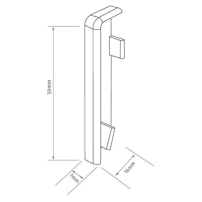 Egger Endkappe Cubical - Stein grau, 2 Stk., Passend für: Egger Cubical Sockelleisten 14 x 58 mm - Detailaufnahme eines Kantenschutzprofils mit den Maßen 59mm Höhe, 16mm Tiefe und 7mm Breite, dargestellt als technische Zeichnung.