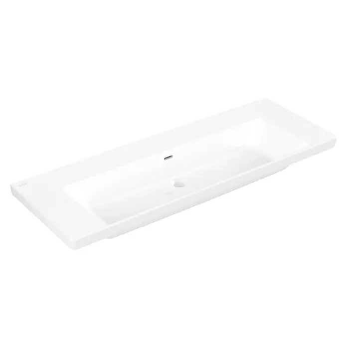 Villeroy & Boch Subway 3.0 Aufsatzwaschbecken - 130 x 47,5 cm, Mit schmutzabweisender Glasur, Hahnloch: Ohne, Mit Überlauf, Weiß Alpin, Anzahl Waschschüsseln: 1 Stk. - Weißes rechteckiges Keramik-Waschbecken mit einem Hahnloch und Überlauf.