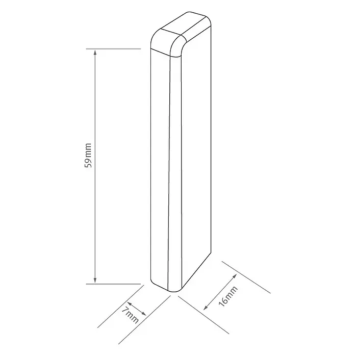 Egger Endkappe Cubical - Stein grau, 2 Stk., Passend für: Egger Cubical Sockelleisten 14 x 58 mm - Produktdiagramm eines 59 mm hohen, 16 mm breiten und 7 mm tiefen Steins mit abgerundeten Kanten, dargestellt als technische Zeichnung.