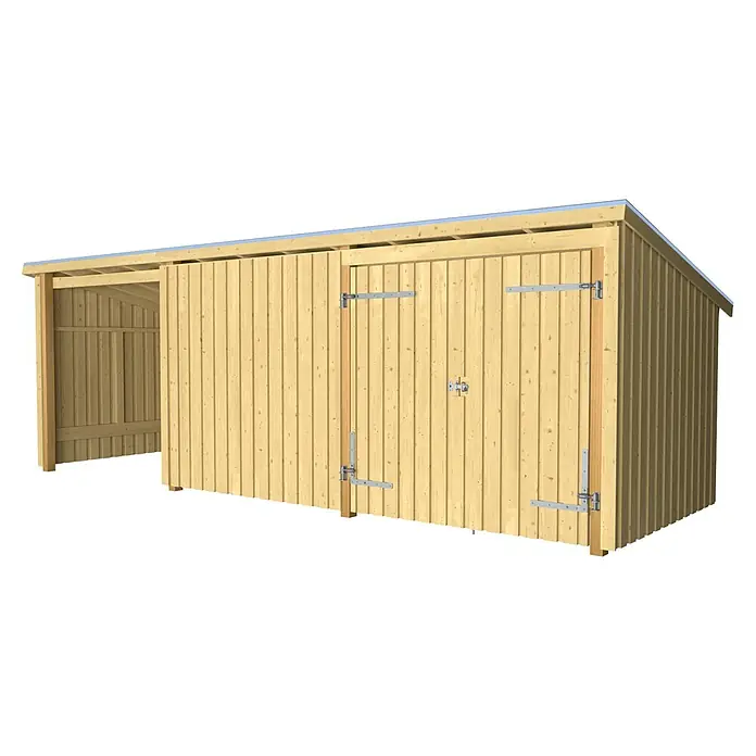 Plus Gartenhaus Nordic Multi (3 Module) - Außenmaß inkl. Dachüberstand (B x T): 650 x 240 cm, Holz, Halboffen inkl. Dachpappe und Aluleisten (1 offenes Modul) - Heller Holzschuppen mit angebautem offenem Unterstand, Doppeltüren mit Metallscharnieren und Riegel.
