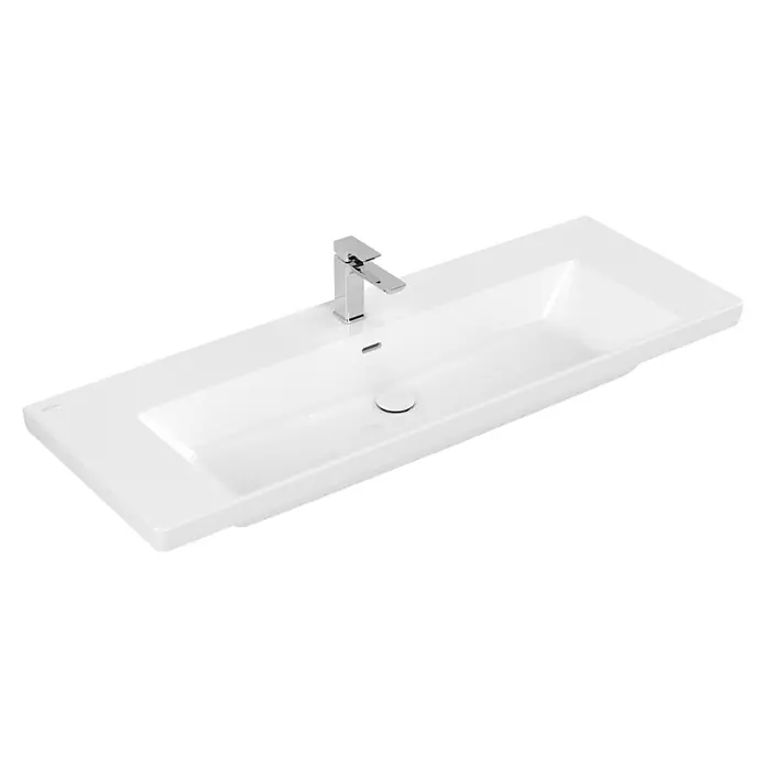 Villeroy & Boch Subway 3.0 Aufsatzwaschbecken - 130 x 47,5 cm, Ohne Spezialglasur, Mit Überlauf, Weiß Alpin, Anzahl Hahnlöcher: 1 - Weißes Keramikwaschbecken mit Chromarmatur.