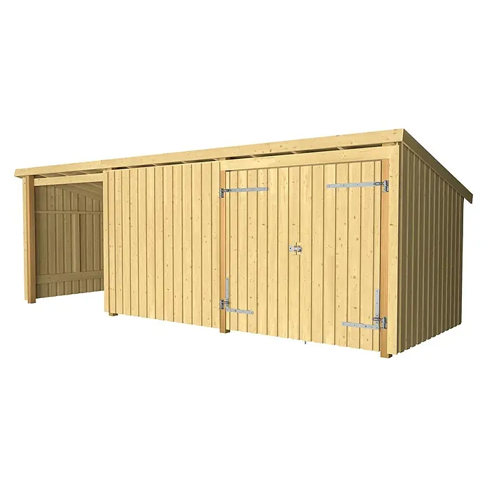 Plus Gartenhaus Nordic Multi (3 Module) - Außenmaß inkl. Dachüberstand (B x T): 650 x 240 cm, Holz, Halboffen (1 offenes Modul) - Heller Holzschuppen mit Anbau und Doppeltüren zur Aufbewahrung.