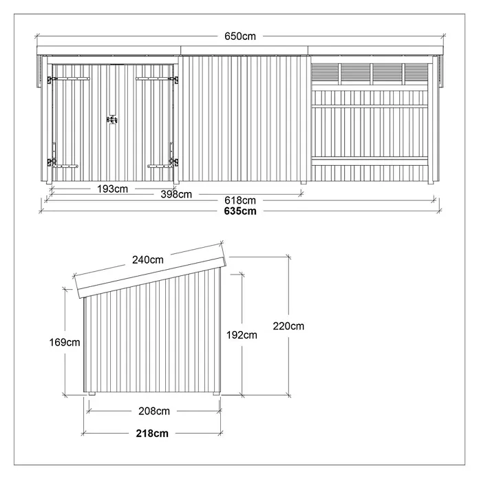 Plus Gartenhaus Nordic Multi (3 Module) - Außenmaß inkl. Dachüberstand (B x T): 650 x 240 cm, Holz, Halboffen inkl. Dachpappe und Aluleisten (1 offenes Modul) - Schuppen-Bauzeichnung mit detaillierten Maßen in Zentimetern.