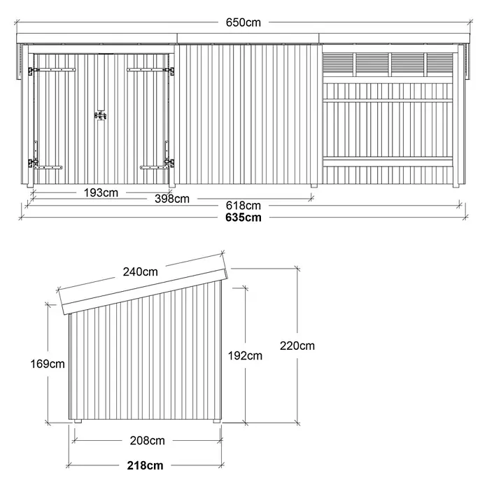 Plus Gartenhaus Nordic Multi (3 Module) - Außenmaß inkl. Dachüberstand (B x T): 650 x 240 cm, Holz, Halboffen (1 offenes Modul) - Technische Zeichnung eines Schuppens mit Vorder- und Seitenansichten und detaillierten Maßen wie 650cm Breite und verschiedenen Höhen.