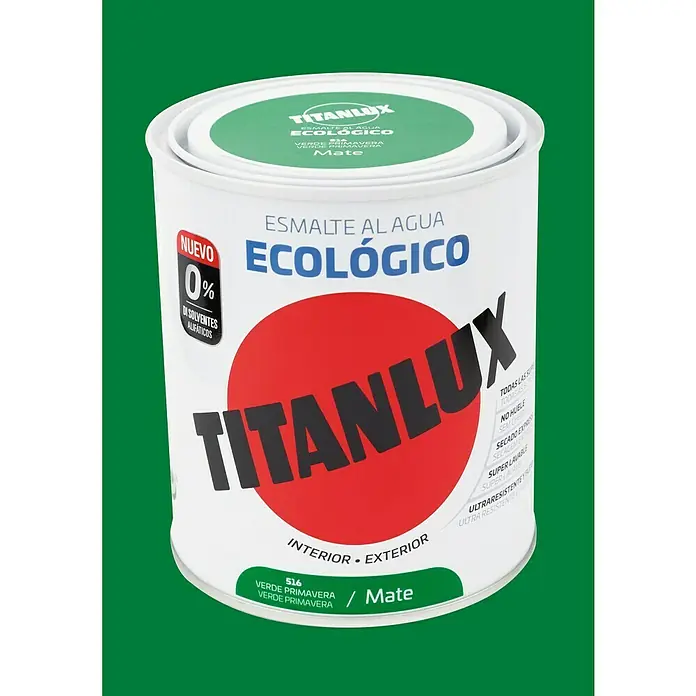 Titanlux Esmalte de color Eco - Verde primavera, Mate, 750 ml, Base de agua - Bote de pintura al agua TITANLUX, pintura ecológica para interior y exterior, tono Verde Primavera, mate.