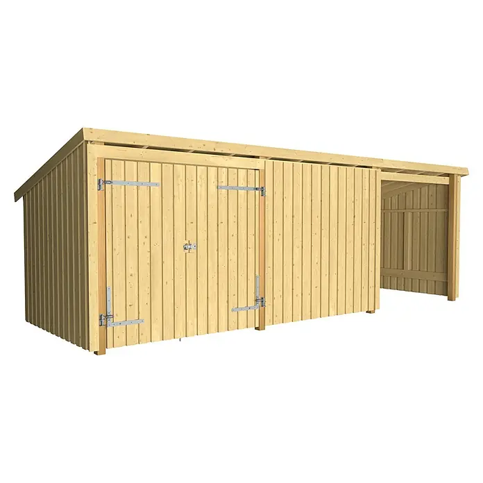 Plus Gartenhaus Nordic Multi (3 Module) - Außenmaß inkl. Dachüberstand (B x T): 650 x 240 cm, Holz, Halboffen (1 offenes Modul) - Heller Holzschuppen mit zwei Türen und einem angebauten offenen Unterstand.