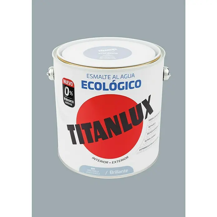 Titanlux Esmalte de color Eco - Gris perla, Brillante, 2,5 l, Base de agua - Primer plano de una lata de pintura al agua TITANLUX, ecológica, con logotipo rojo y detalles sobre sus propiedades y uso.