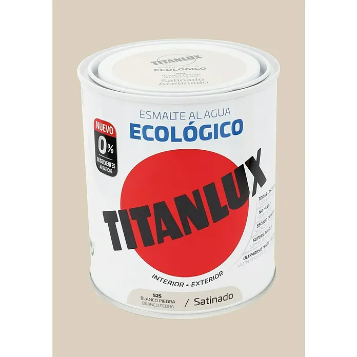 Titanlux Esmalte de color Eco - Blanco piedra, Satinado, 750 ml, Base de agua - Titanlux Esmalte al Agua Ecológico en Blanco, una pintura de esmalte al agua ecológica para interiores y exteriores.