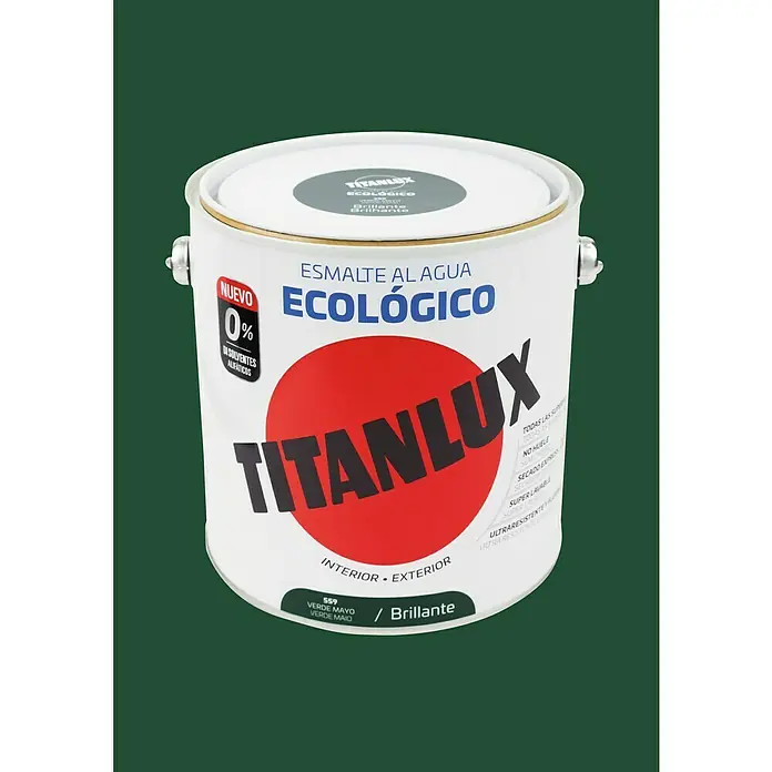Titanlux Esmalte de color Eco - Verde mayo, Reluciente, 2,5 l, Base de agua - Bote de pintura esmalte al agua ecológica Titanlux. Apto para interiores y exteriores, color verde mayo y acabado brillante.