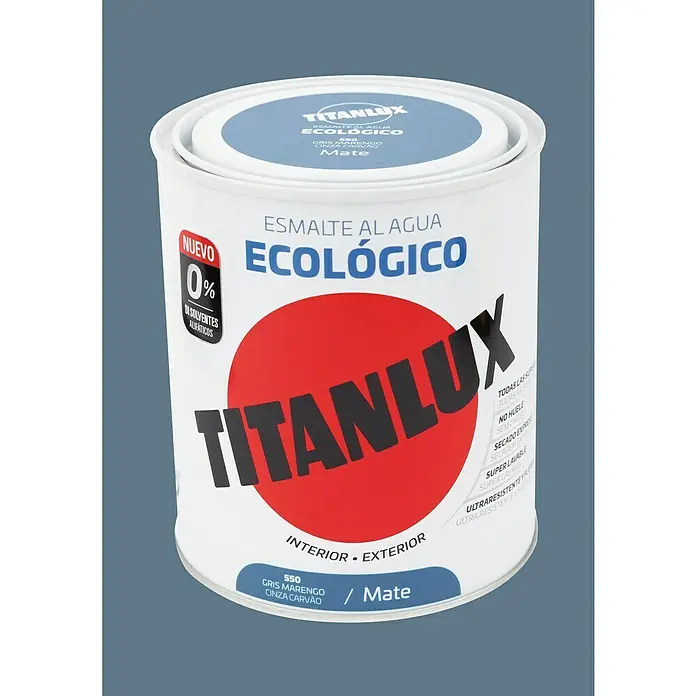 Titanlux Esmalte de color Eco - Gris marengo, Mate, 750 ml, Base de agua - Bote de pintura al agua Titanlux, ecológica, en color Gris Marengo. Apta para interiores y exteriores, acabado mate, sin disolventes.