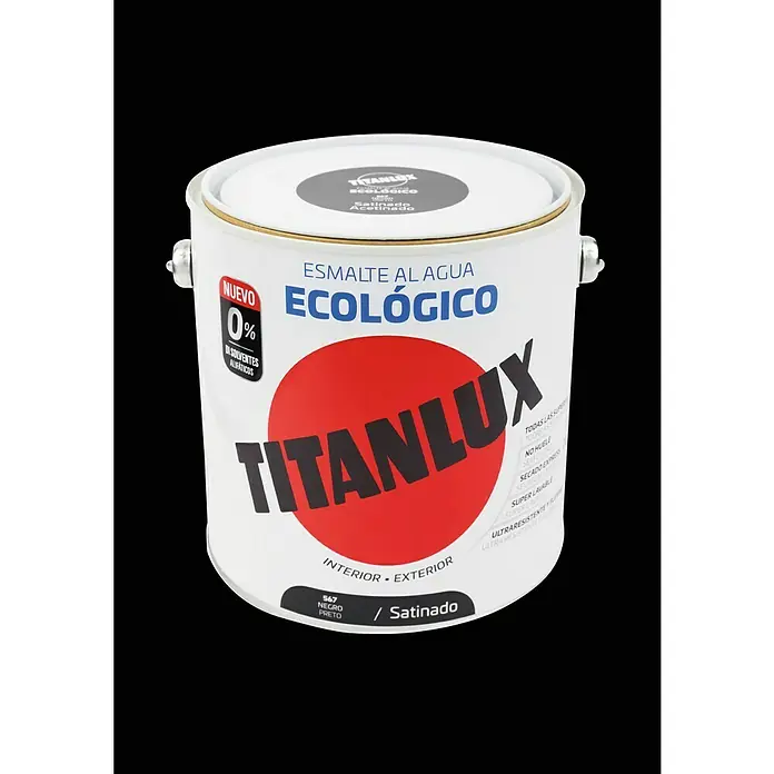 Titanlux Esmalte de color Eco - Negro, Satinado, 2,5 l, Base de agua - Bote blanco de pintura al agua Titanlux, color 567 Negro/Satinado, apto para interiores y exteriores. Ecológico, sin adición de disolventes.