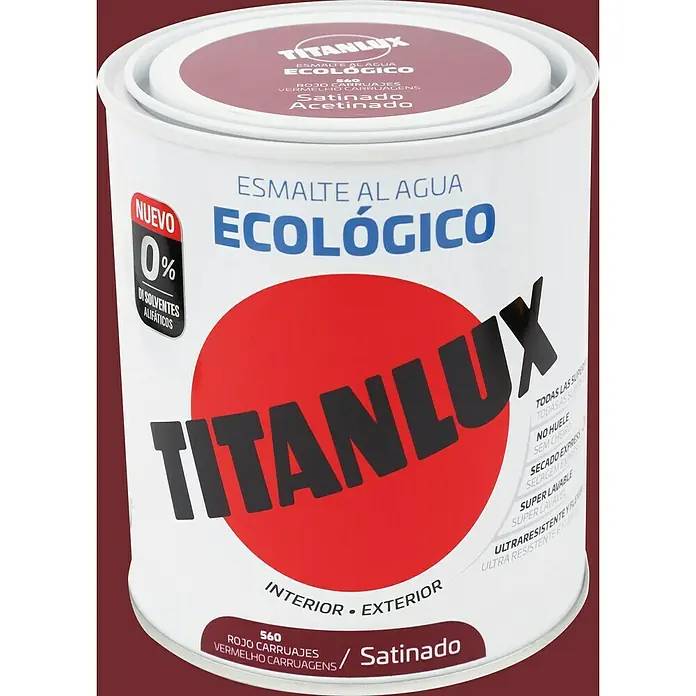 Titanlux Esmalte de color Eco - Rojo carruajes, Satinado, 750 ml, Base de agua - Bote de pintura al agua Titánlux "Rojo Carruajes" con fórmula ecológica para interiores y exteriores.