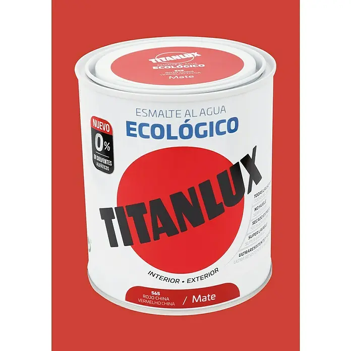 Titanlux Esmalte de color Eco - Rojo China, Mate, 750 ml, Base de agua - Bote de pintura al agua Titanlux, pintura ecológica en rojo China/mate, apta para interiores y exteriores.