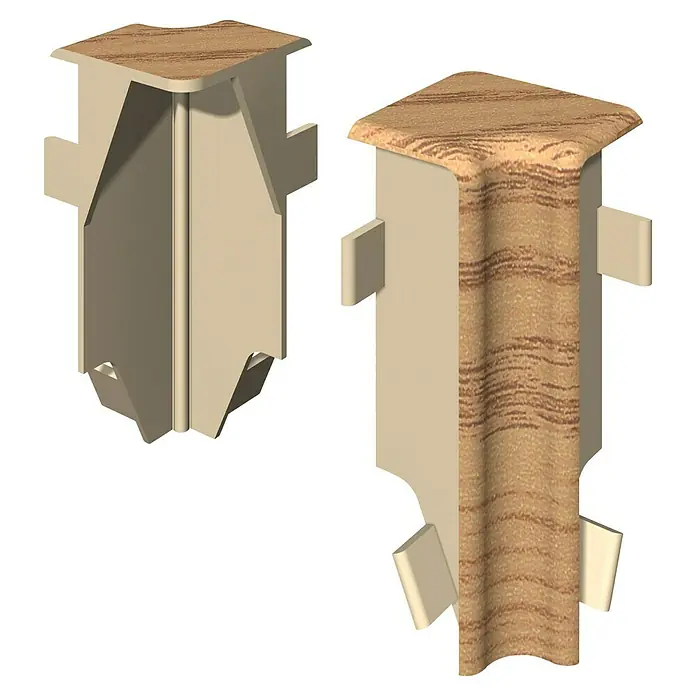Egger Innenecke Cubical - Eiche honig, 2 Stk., Passend für: Egger Cubical Sockelleisten 14 x 58 mm - Zwei Eckprofile für Fußleisten, eines in schlichtem Beige und eines mit Holzmaserung, für stilvolle Übergänge und Abschlüsse.