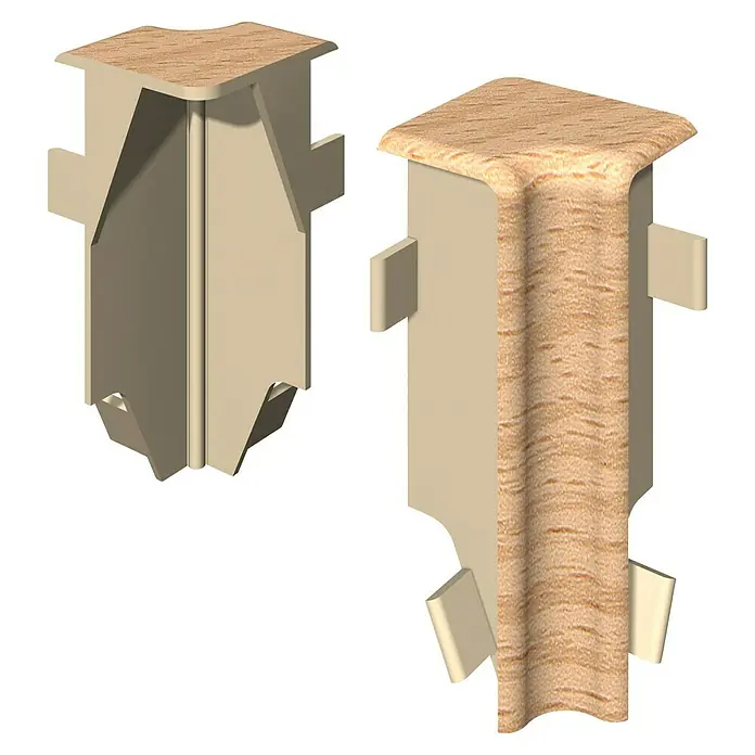 Egger Innenecke Cubical - Buche natur, 2 Stk., Passend für: Egger Cubical Sockelleisten 14 x 58 mm - Hellbeiger Kunststoff-Inneneckverbinder für Fußleisten mit Holzmaserung.