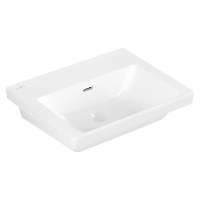 Villeroy & Boch Subway 3.0 Waschtisch - 57,5 x 46,5 cm, Mit schmutzabweisender Glasur, Hahnloch: Ohne, Mit Überlauf, Stone White, Ungeschliffen, Waschbecken geeignet für: Möbel - Modernes weißes Keramik-Waschbecken, rechteckig, mit Überlauf und Hahnlochbank.