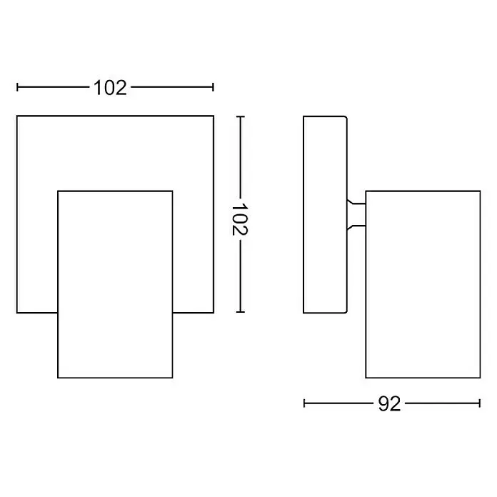 Philips Foco de pared Kosipo - 10 W, L x An x Al: 10,2 x 10,2 x 13,4 cm, Negro, GU10 - Dibujo técnico de aplique de pared cuadrado con panel frontal rectangular, dimensiones 102x102x92mm.
