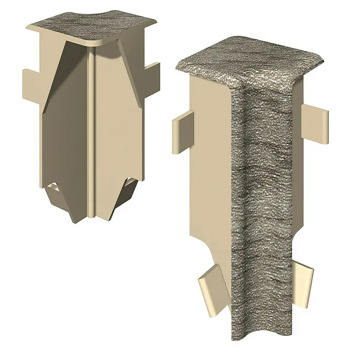 Egger Innenecke Cubical - Eiche grau, 2 Stk., Passend für: Egger Cubical Sockelleisten 14 x 58 mm - Nahaufnahme von zwei Eckschutzprofilen mit unterschiedlichen Oberflächenstrukturen auf schwarzem Hintergrund.