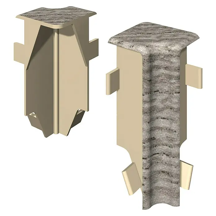 Egger Innenecke Cubical - Eiche silber, 2 Stk., Passend für: Egger Cubical Sockelleisten 14 x 58 mm - Beigefarbenes Eckprofil mit grauer Textur und Befestigungslaschen.