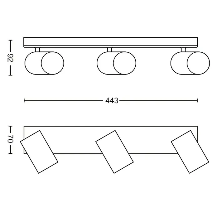 Philips Regleta Kosipo - 10 W, L x An x Al: 9,2 x 44,3 x 11,8 cm, Negro, GU10, 3 ud. - Diagrama de una lámpara de techo de tres luces con dimensiones de altura (92 mm y 70 mm) y longitud (443 mm), ideal para iluminación dirigida.