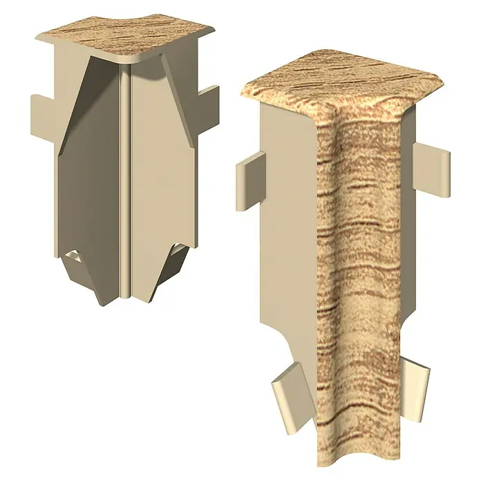 Egger Innenecke Cubical - Eiche natur, 2 Stk., Passend für: Egger Cubical Sockelleisten 14 x 58 mm - Beiges Eckprofil mit Holzstruktur oben/außen, Innen- und Außenansicht.