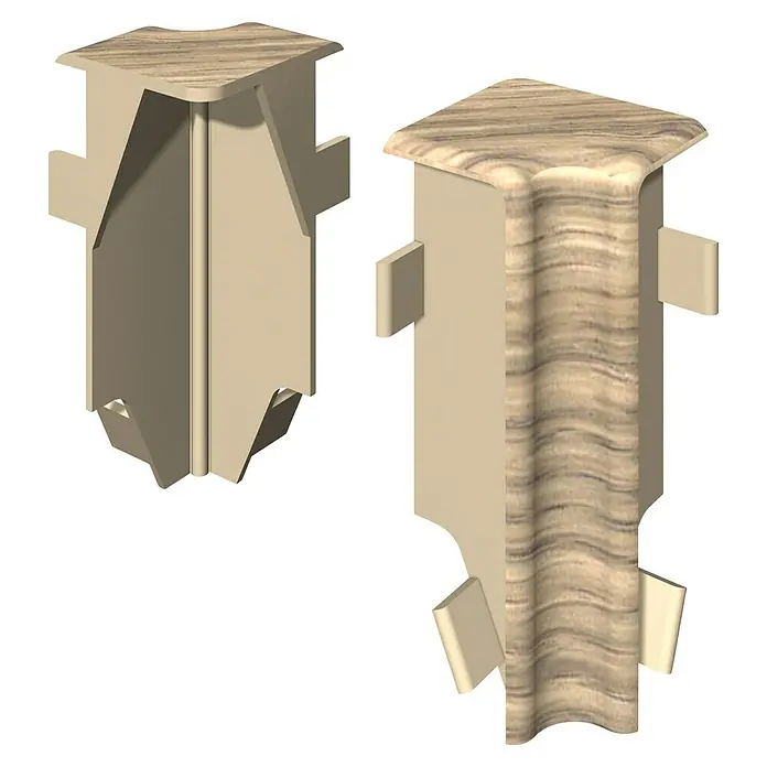 Egger Innenecke Cubical - Eiche greige, 2 Stk., Passend für: Egger Cubical Sockelleisten 14 x 58 mm - Zwei beigefarbene Eckprofile für Sockelleisten, eines schlicht, eines mit heller Holzmaserung.