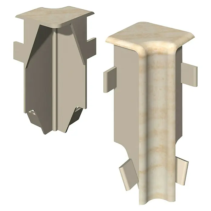 Egger Innenecke Cubical - Eiche creme, 2 Stk., Passend für: Egger Cubical Sockelleisten 14 x 58 mm - Cremefarbenes Marmor-Effekt Sockelleisten-Außeneckstück, Vorder- und Rückseite.