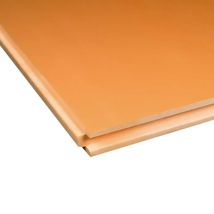 Soprema Sopra Placa de poliestireno extruido XPS CW 40 - 40 mm, Plástico - Primer plano de dos paneles aislantes anaranjados utilizados para la construcción y el aislamiento.