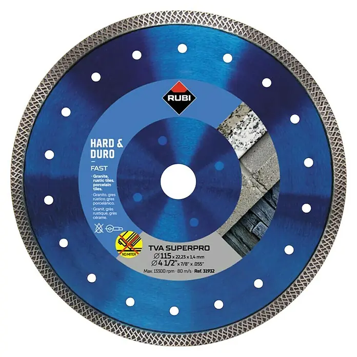 Disco de corte Turbo Viper - Ø x Es: 125 x 1,4 mm, Orificio: 22,2 mm - En la imagen, un disco de corte de diamante azul RUBI TVA SUPERPRO con borde gris, apto para materiales duros.