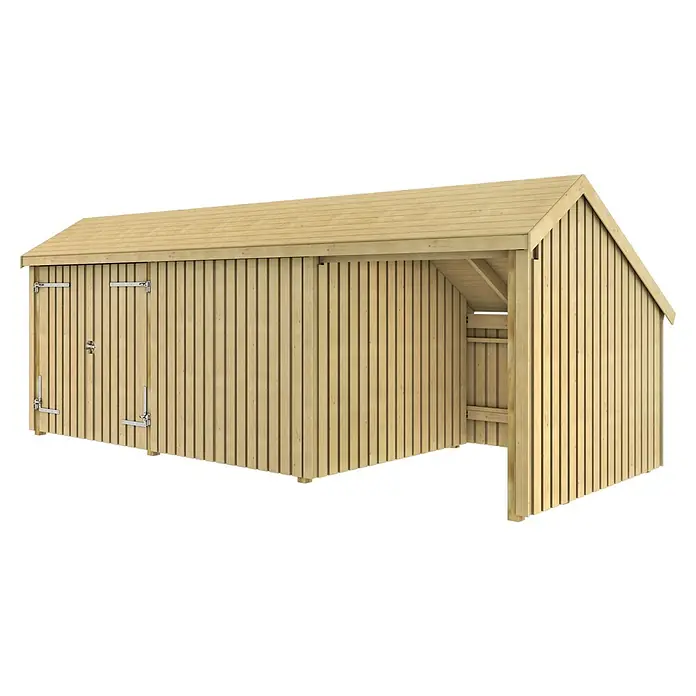 Plus Gartenhaus Multi - Außenmaß inkl. Dachüberstand (B x T): 650 x 266 cm, Holz, Natur, Halboffen inkl. Doppeltür (1 offenes Modul) - Heller Holzschuppen mit Doppeltüren und integriertem, offenem Anbau.