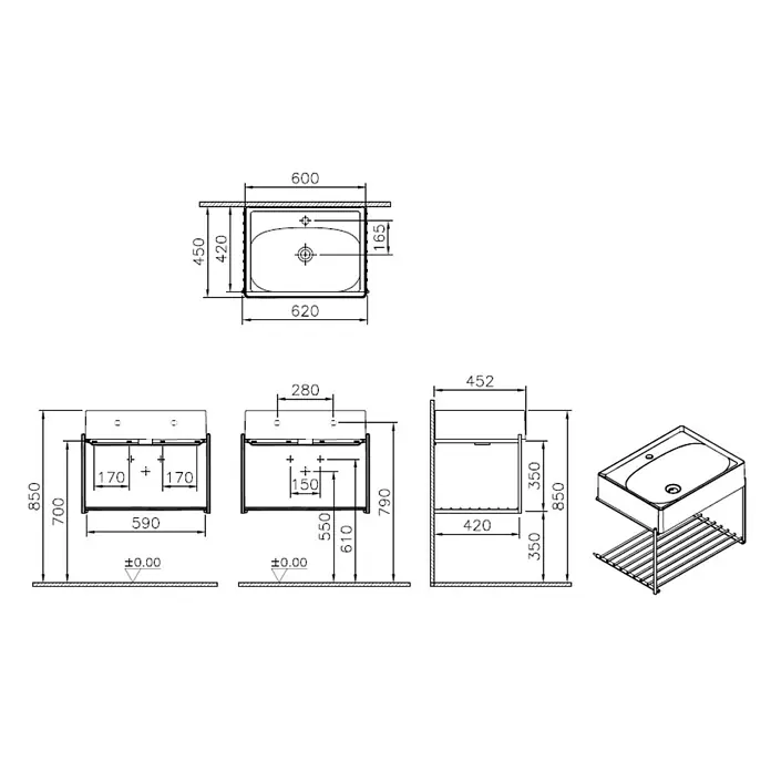 VitrA Equal Badmöbel-Set - Gesamtbreite Badmöbel: 62 cm, Weiß/Schwarz, Glänzend, 2 -tlg. - Technische Zeichnungen eines weißen Keramik-Badezimmerspülbeckens mit integriertem Waschtischunterschrank und Metallrahmen.