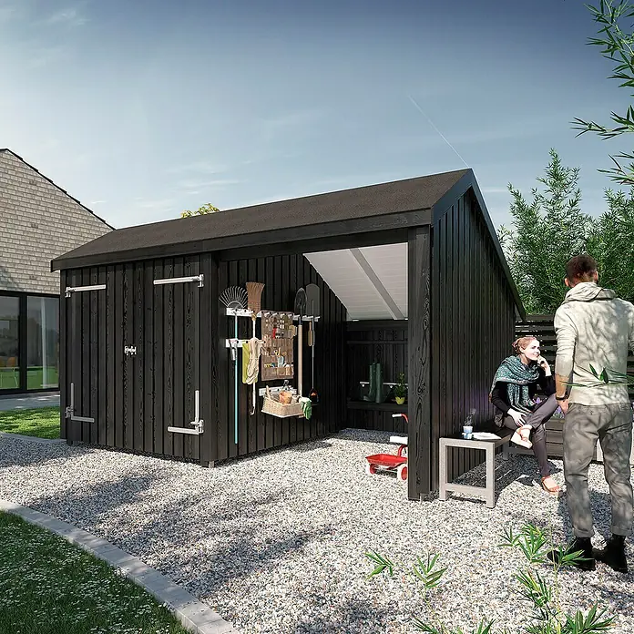 Plus Gartenhaus Multi - Außenmaß inkl. Dachüberstand (B x T): 446 x 266 cm, Holz, Natur, Halboffen inkl. Dachpappe und Aluleisten - Schwarzes Holzgartenhaus mit integriertem Werkzeuglager und offenem Sitzbereich im Garten.