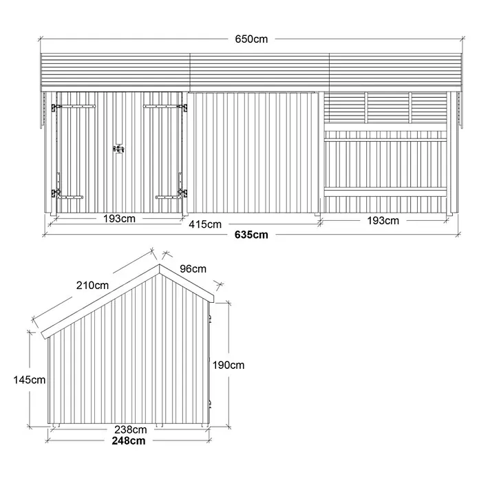 Plus Gartenhaus Multi - Außenmaß inkl. Dachüberstand (B x T): 650 x 266 cm, Holz, Natur, Halboffen inkl. Dachpappe und Aluleisten (1 offenes Modul) - Architekturzeichnungen eines großen Holzschuppens, Vorder- und Seitenansicht mit detaillierten Maßen.