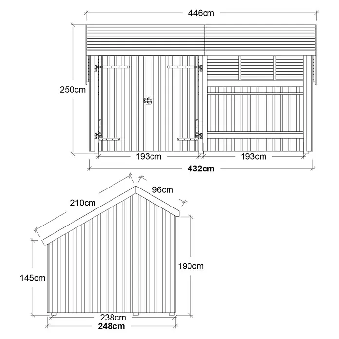 Plus Gartenhaus Multi - Außenmaß inkl. Dachüberstand (B x T): 446 x 266 cm, Holz, Natur, Halboffen inkl. Dachpappe und Aluleisten - Technische Zeichnung eines Holzgartenhauses, mit Vorder- und Seitenansicht und Maßen für den Bau.