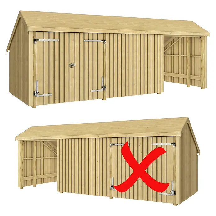 Plus Gartenhaus Multi - Außenmaß inkl. Dachüberstand (B x T): 650 x 266 cm, Holz, Natur, Halboffen inkl. Doppeltür (1 offenes Modul) - Hellbrauner Holzgartenschuppen mit Doppeltüren und angebautem Carport.
